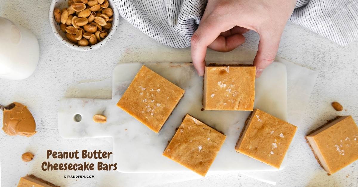 Easy Peanut Butter Cheesecake Bars, tasty dessert recipe idea for peanut butter cheesecake on a graham cracker layer crust.