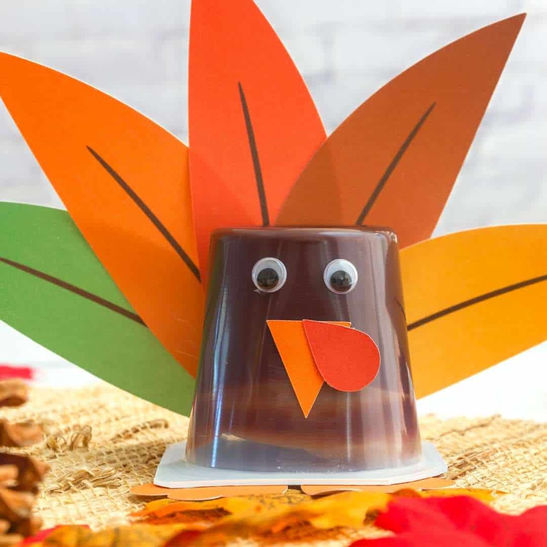 DIY Turkey Pudding Cups, A simple do it yourself activity project especially for kids. Make a turkey using a pudding cup.