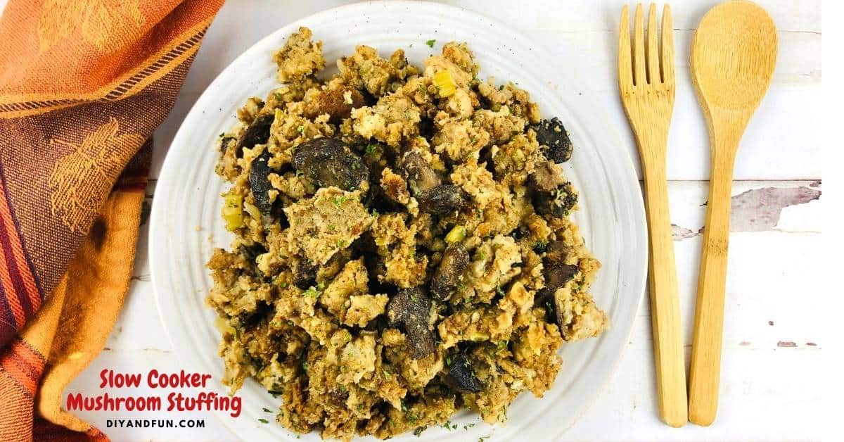 Slow Cooker Mushroom Stuffing, an easy and delicious bread stuffing recipe that is perfect for Thanksgiving and Christmas dinners.
