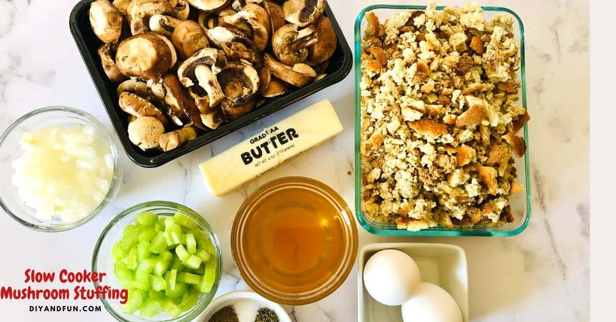 Slow Cooker Mushroom Stuffing, an easy and delicious bread stuffing recipe that is perfect for Thanksgiving and Christmas dinners.