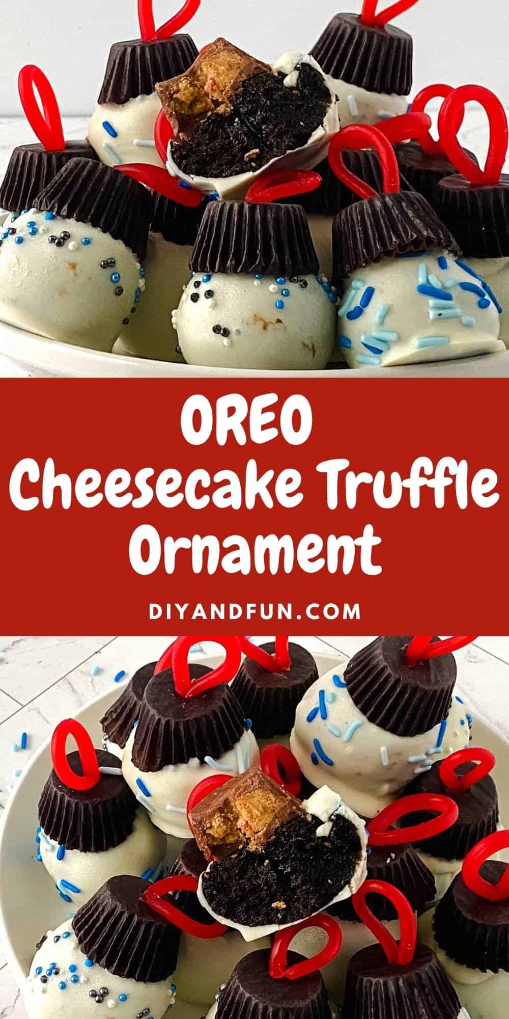 Oreo Cheesecake Truffle Ornament, an adorable and simple Christmas holiday recipe for truffles that look like ornaments.