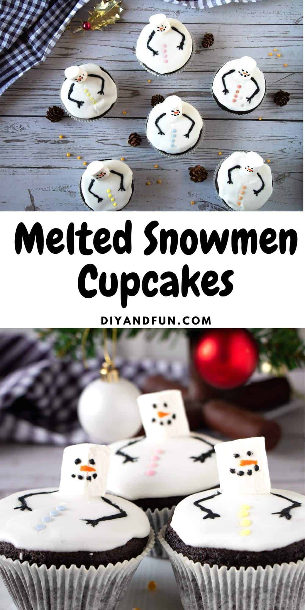 Melted Snowman Cupcakes, an adorable Christmas holiday season frosted cupcake with a decorated melted snowman on top.