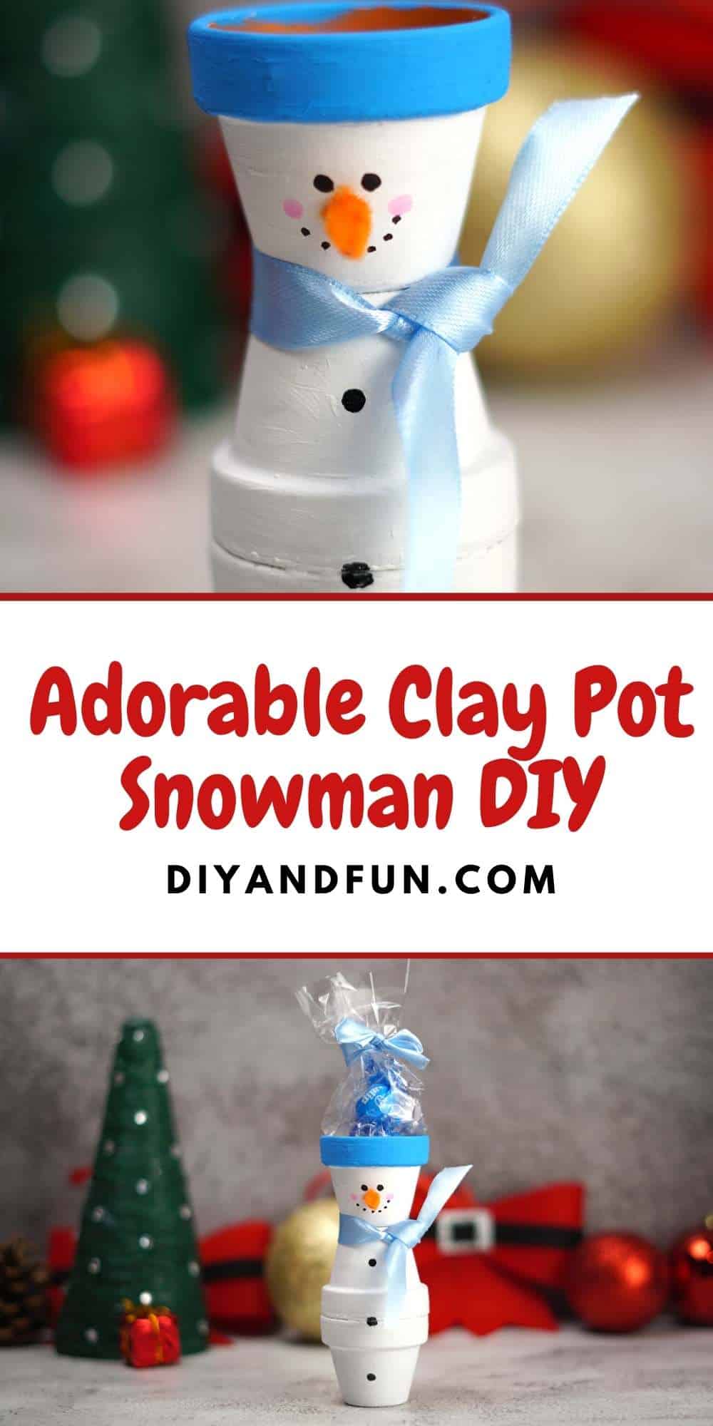 Adorable Clay Pot Snowman DIY, an easy homemade Christmas or holiday decoration made from a small terra cotta pot.