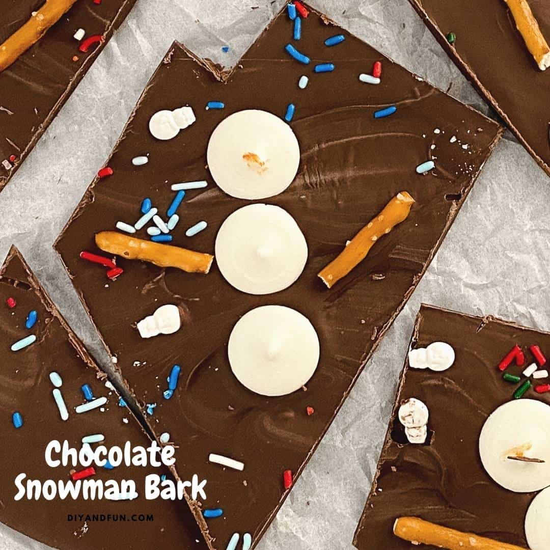 Chocolate Snowman Bark, an easy dessert or snack treat recipe with candy snowmen on a tasty chocolate base.