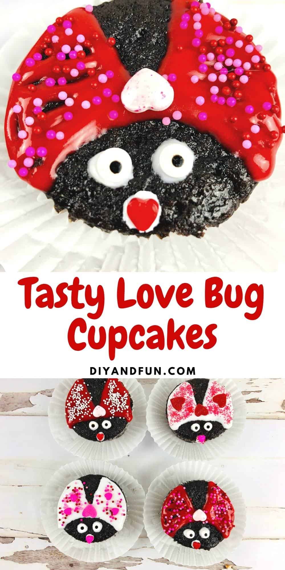 Tasty Love Bug Cupcakes, an easy recipe for turning chocolate cupcakes in love bugs using edible toppings and frosting.