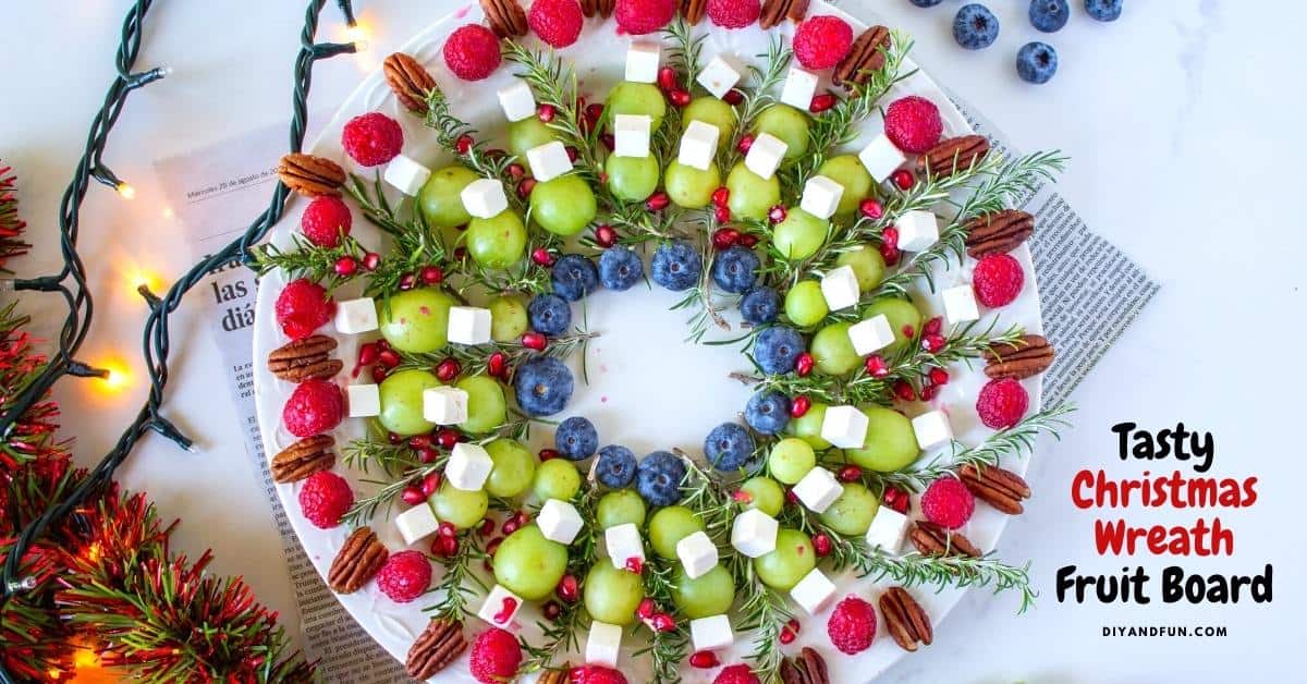 Tasty Christmas Wreath Fruit Board, a healthy charcuterie platter featuring fresh fruit displayed as a holiday wreath.