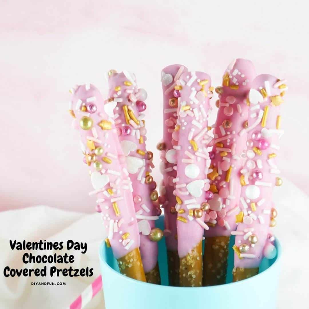 Valentines Day Chocolate Covered Pretzels, a simple recipe for pink chocolate covered pretzel rods with fun sprinkles.