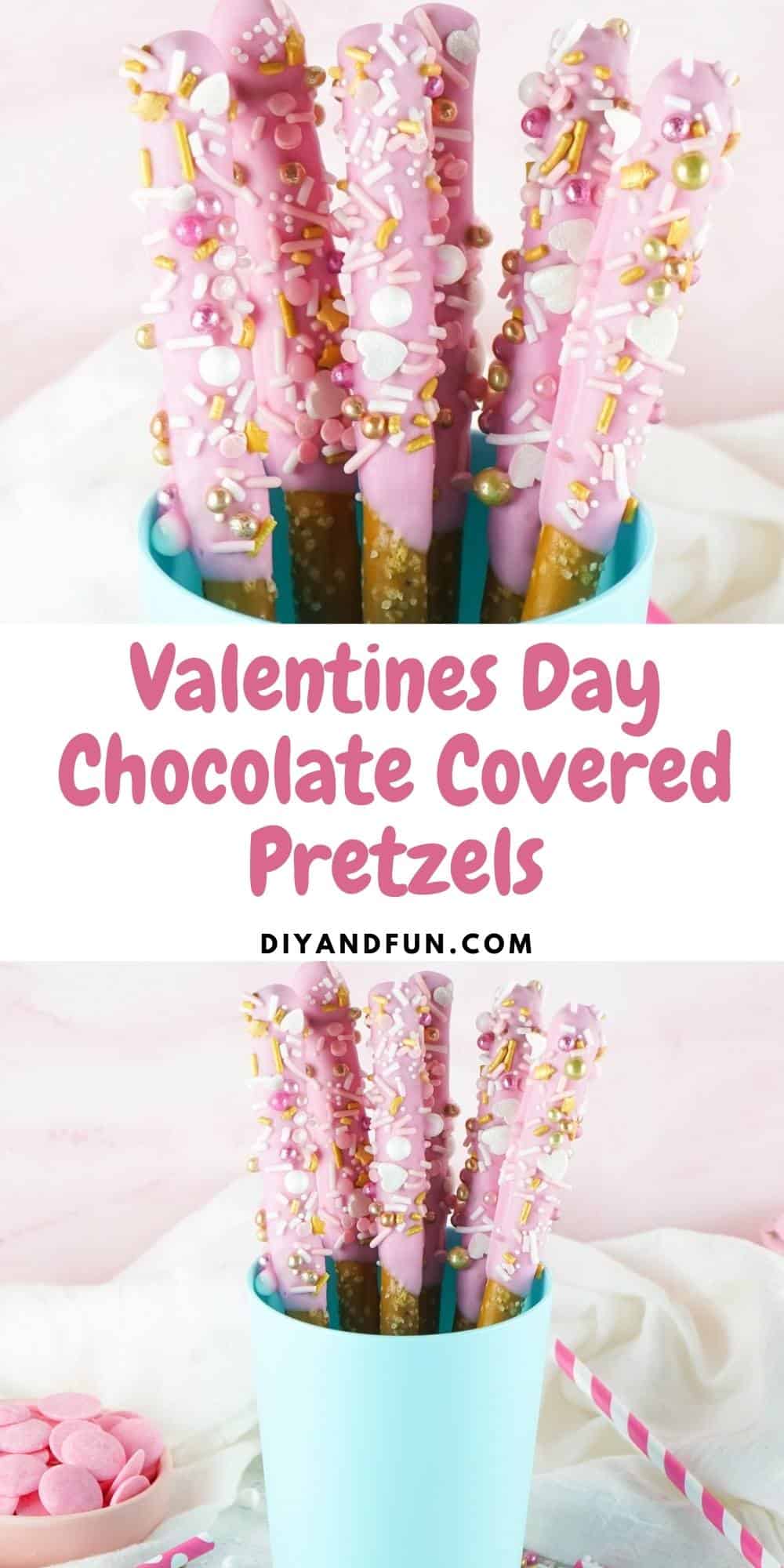 Valentines Day Chocolate Covered Pretzels, a simple recipe for pink chocolate covered pretzel rods with fun sprinkles.
