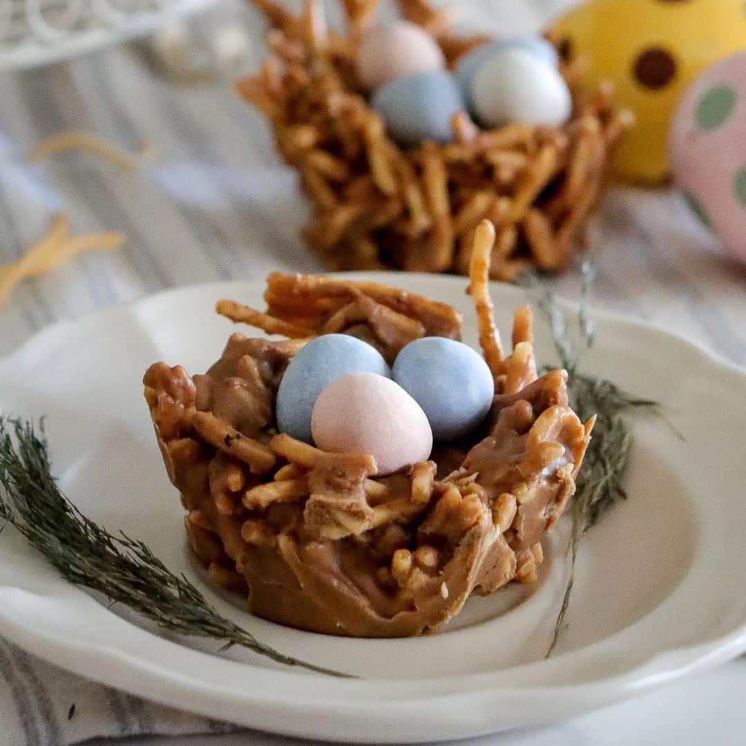 Easy Birds Nest Cookies, a Spring and Easter inspired cookie made with chow mein noodles and formed into a nest shape.