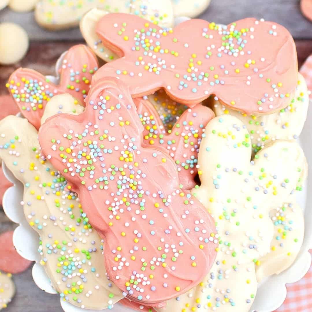 Easter Bunny Circus Animal Cookies, a tasty and easy recipe for chocolate coated cookies with an Easter spring theme.