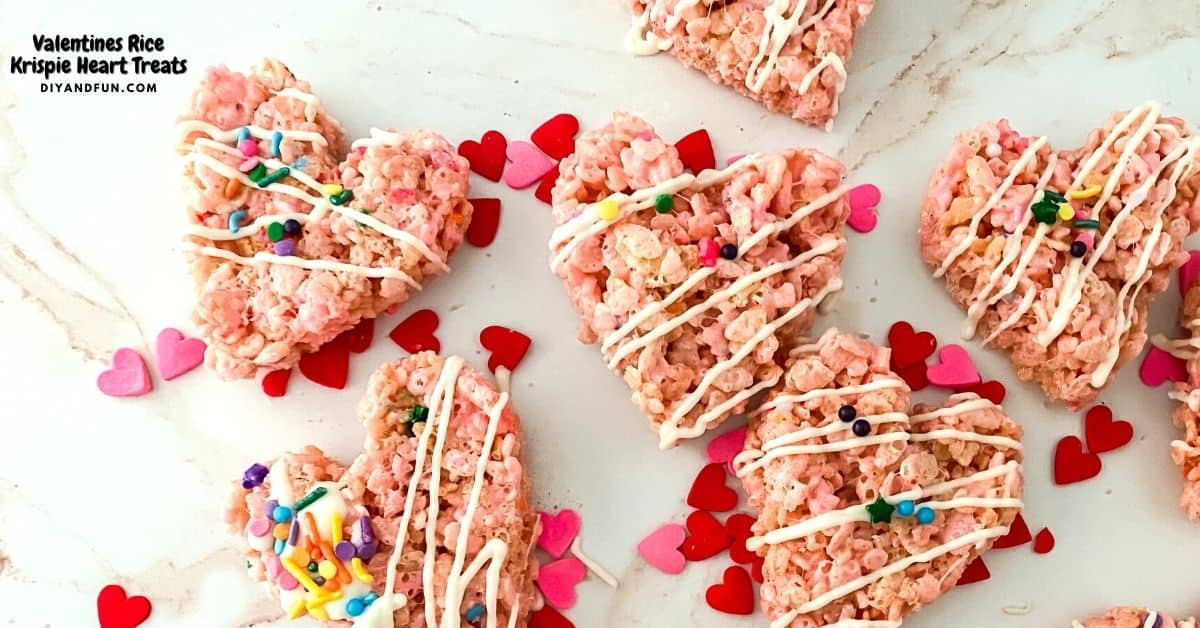 Valentines Day Rice Krispie Heart Treats, a recipe for a heart shaped dessert or snack made with cereal and marshmallows.