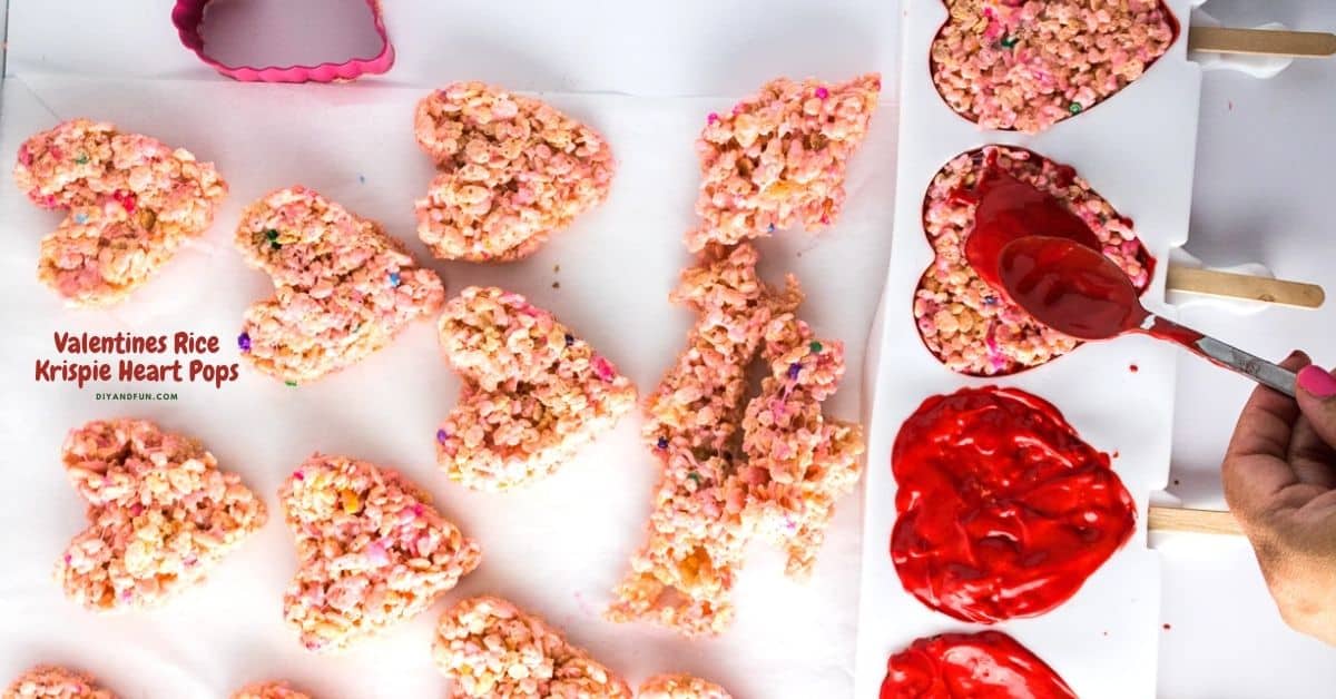 Valentines Rice Krispie Heart Pops, a candy coated heart shaped treat on a stick that is perfect for sharing.