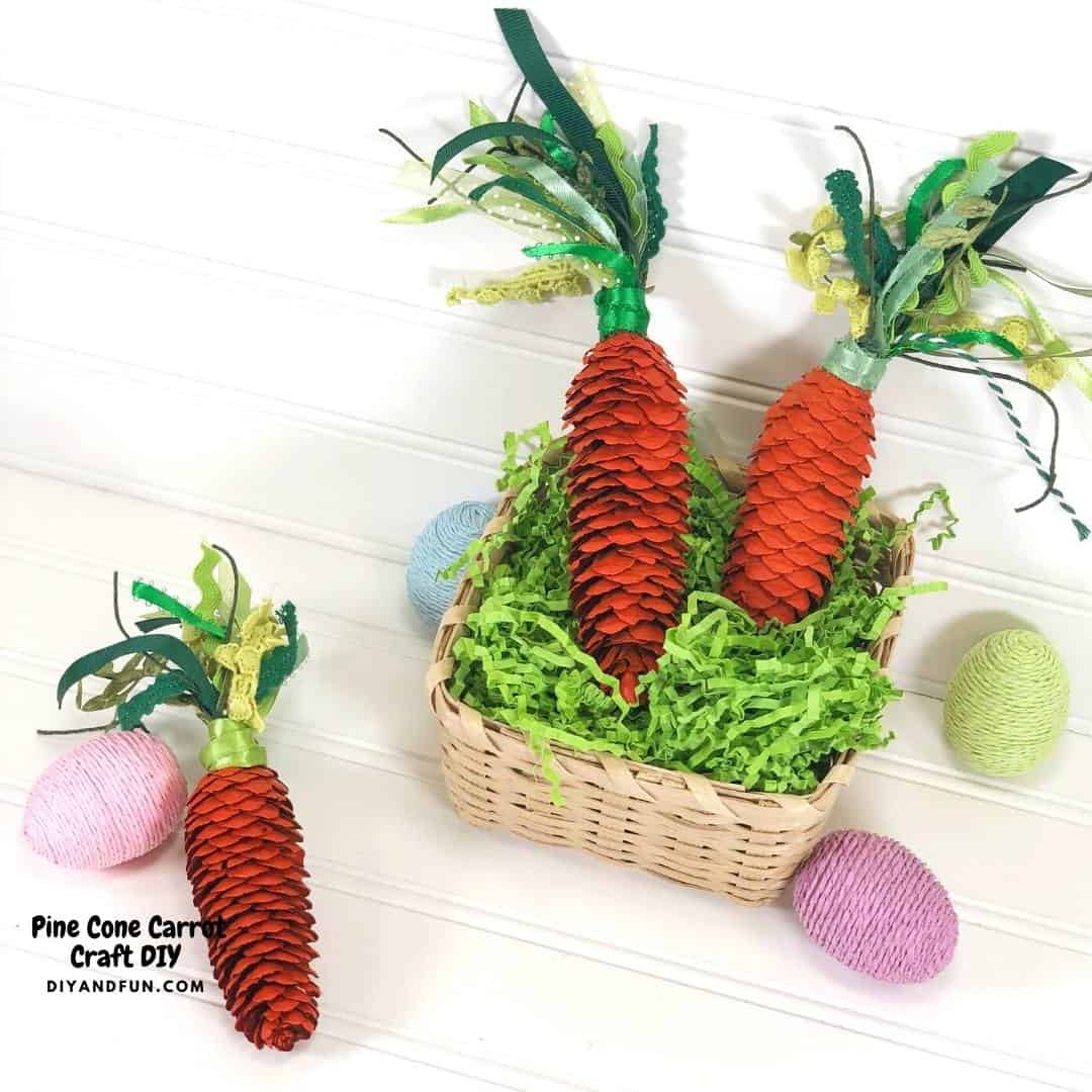 Pine Cone Carrot Craft DIY, a simple project for how to turn a pine cone into a carrot. This craft project is suitable for most ages.