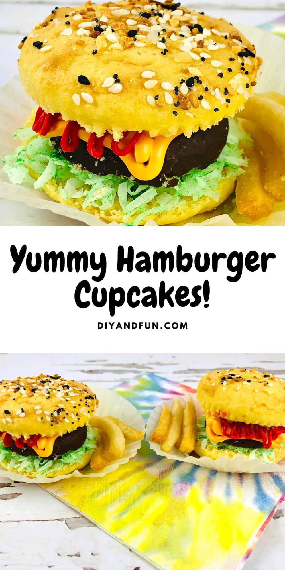 Yummy Cheeseburger Cupcakes, a simple recipe for turning plain cupcakes into what looks like a cheeseburger.