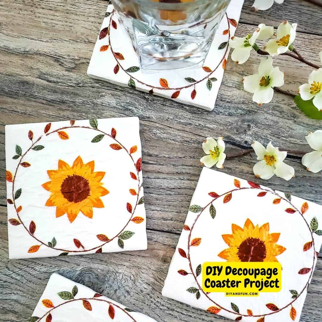 DIY Decoupage Coaster Project, a simple project for turning a napkin and ceramic tile into a handy drink coaster. Most ages.