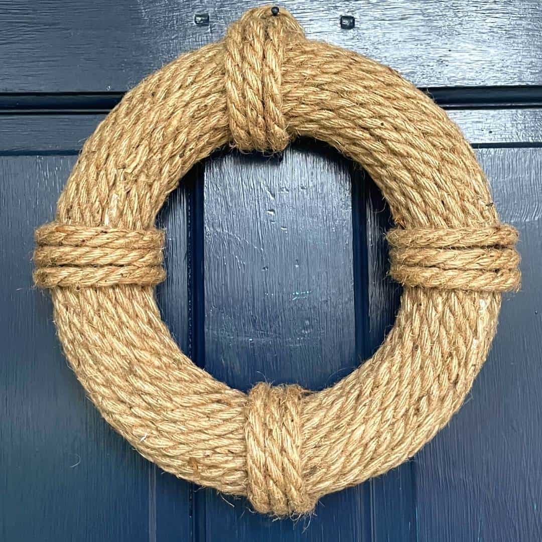 DIY Nautical Wreath Craft Idea, a simple do it yourself project to make a homemade wreath using rope and dollar store materials.
