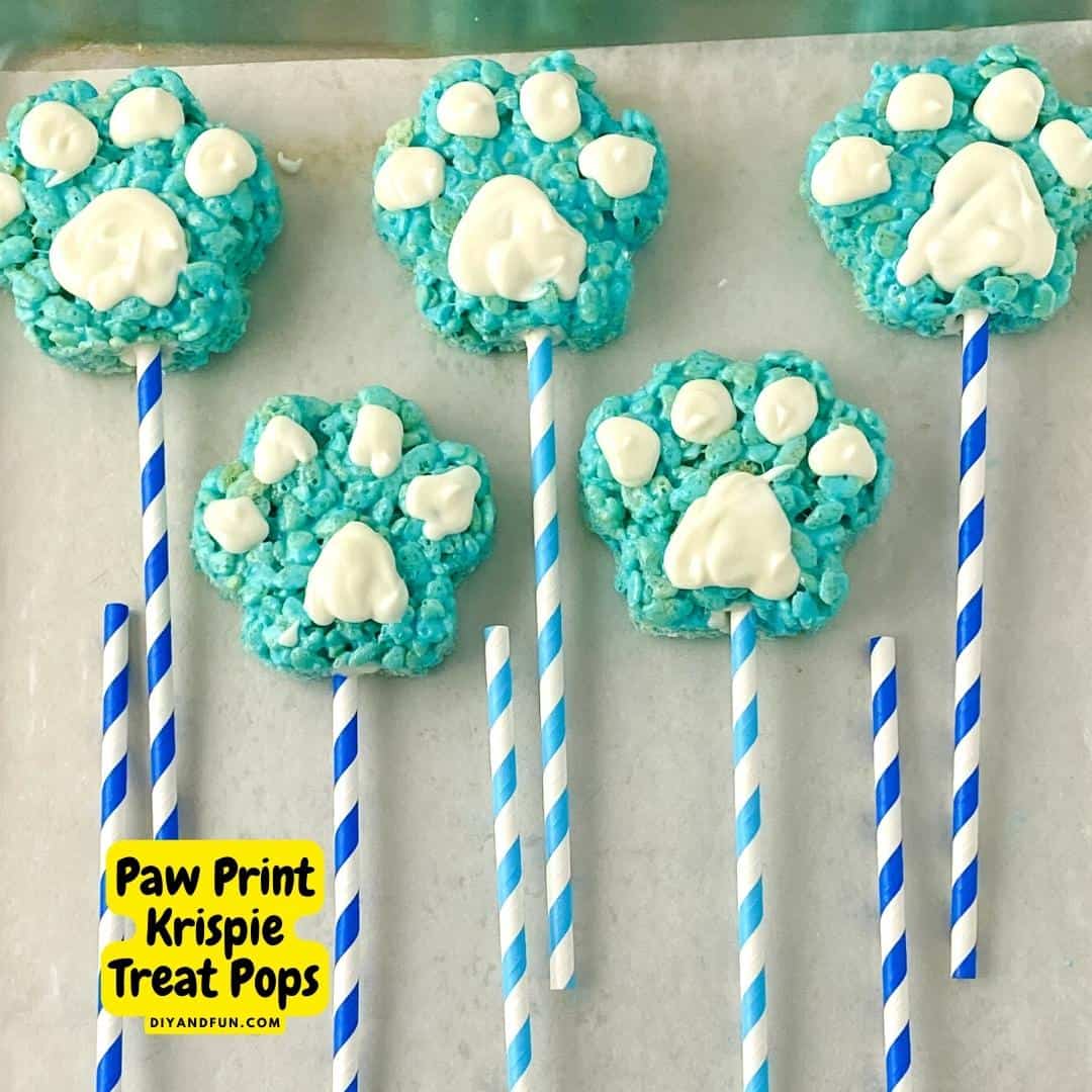 Paw Print Krispie Treat Pops, a 'Blues Clues' inspired Rice Krispie dessert treat on a stick that are in the shape of a paw print.