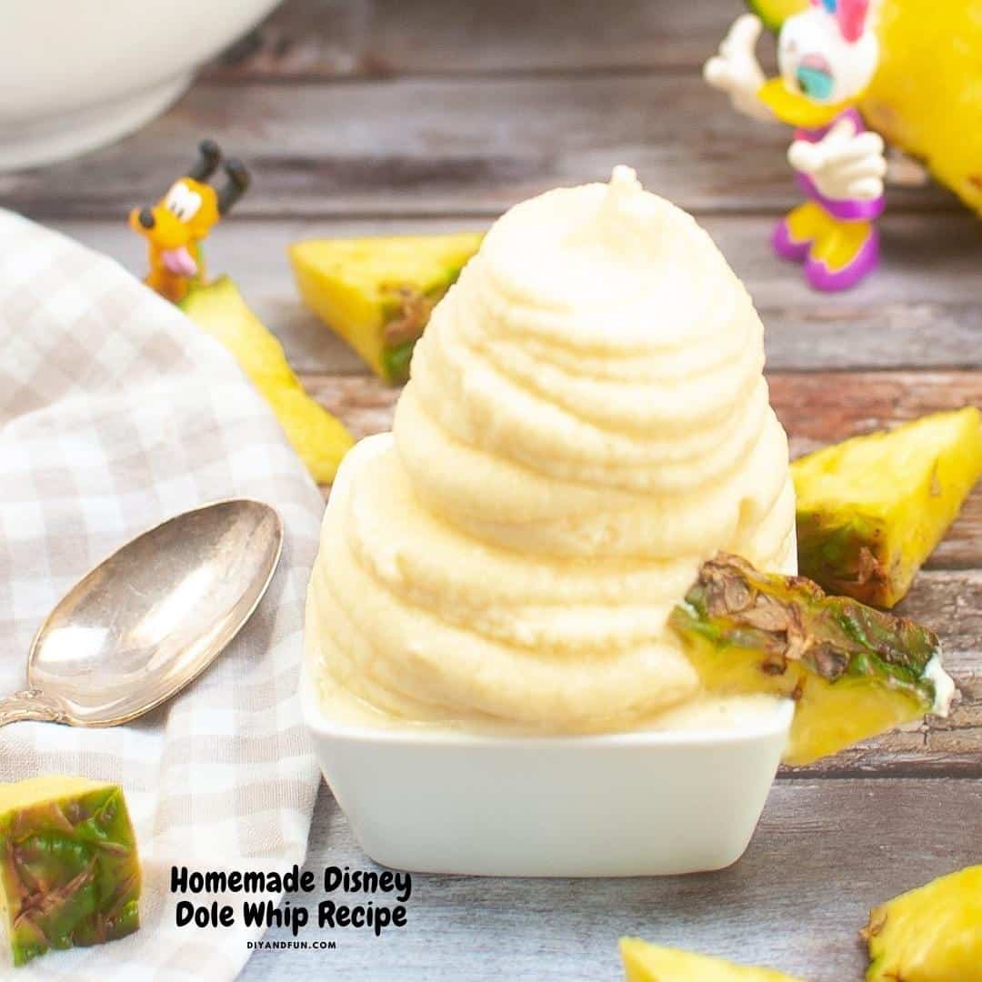 Homemade (Disney) Dole Whip Recipe, a simple copycat version of the famous frozen pineapple flavored dessert. 3 Ingredients.