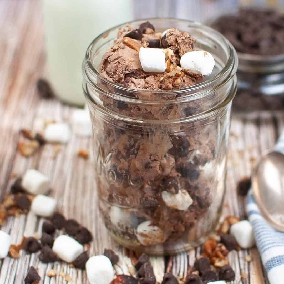 No Churn Rocky Road Ice Cream, a simple cold dessert recipe that features chocolate ice cream, marshmallows, and pecans