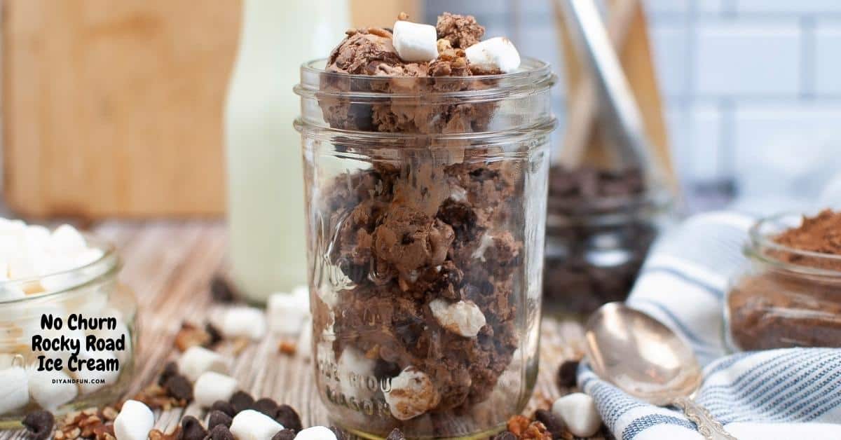 No Churn Rocky Road Ice Cream, a simple cold dessert recipe that features chocolate ice cream, marshmallows, and pecans
