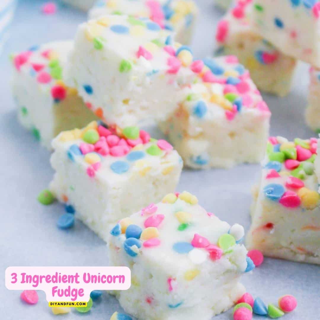 3 Ingredient Unicorn Fudge, a simple and tasty dessert or snack recipe idea for colorful and fun fudge inspired by unicorns.