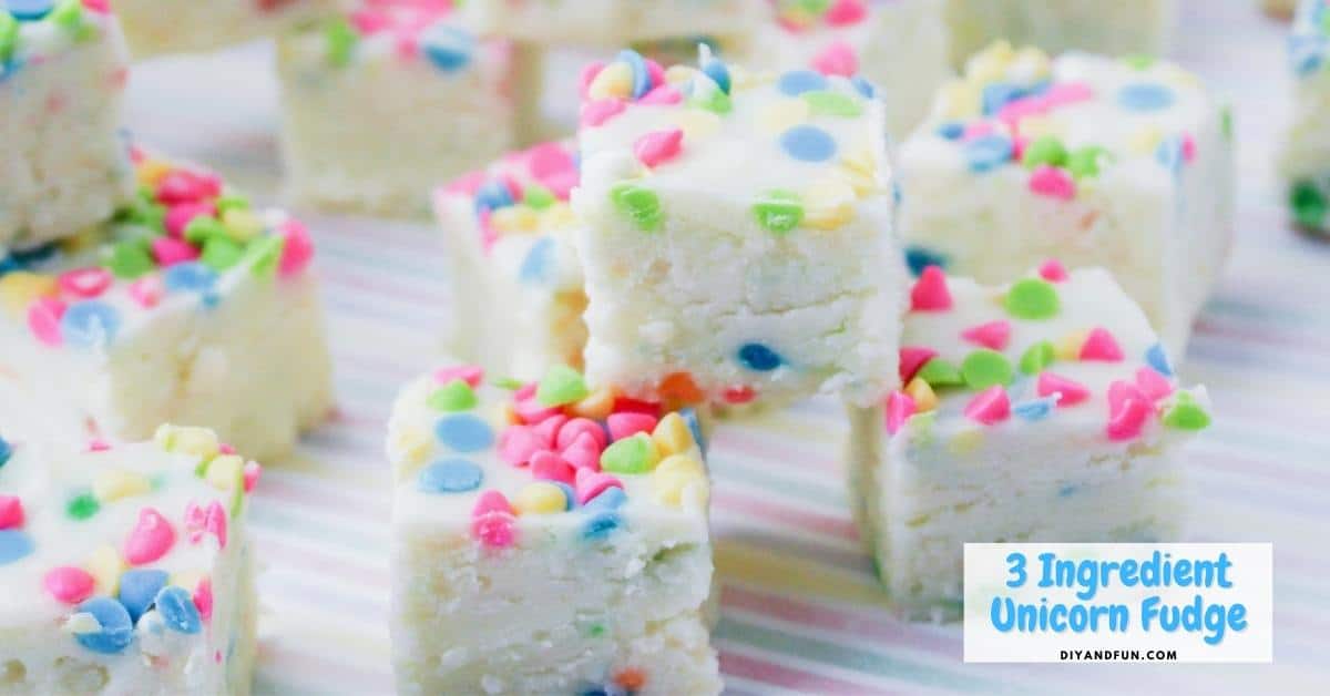 3 Ingredient Unicorn Fudge, a simple and tasty dessert or snack recipe idea for colorful and fun fudge inspired by unicorns.