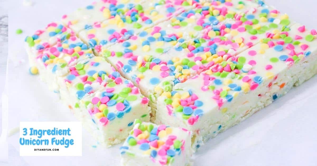 3 Ingredient Unicorn Fudge, a simple and tasty dessert or snack recipe idea for colorful and fun fudge inspired by unicorns.