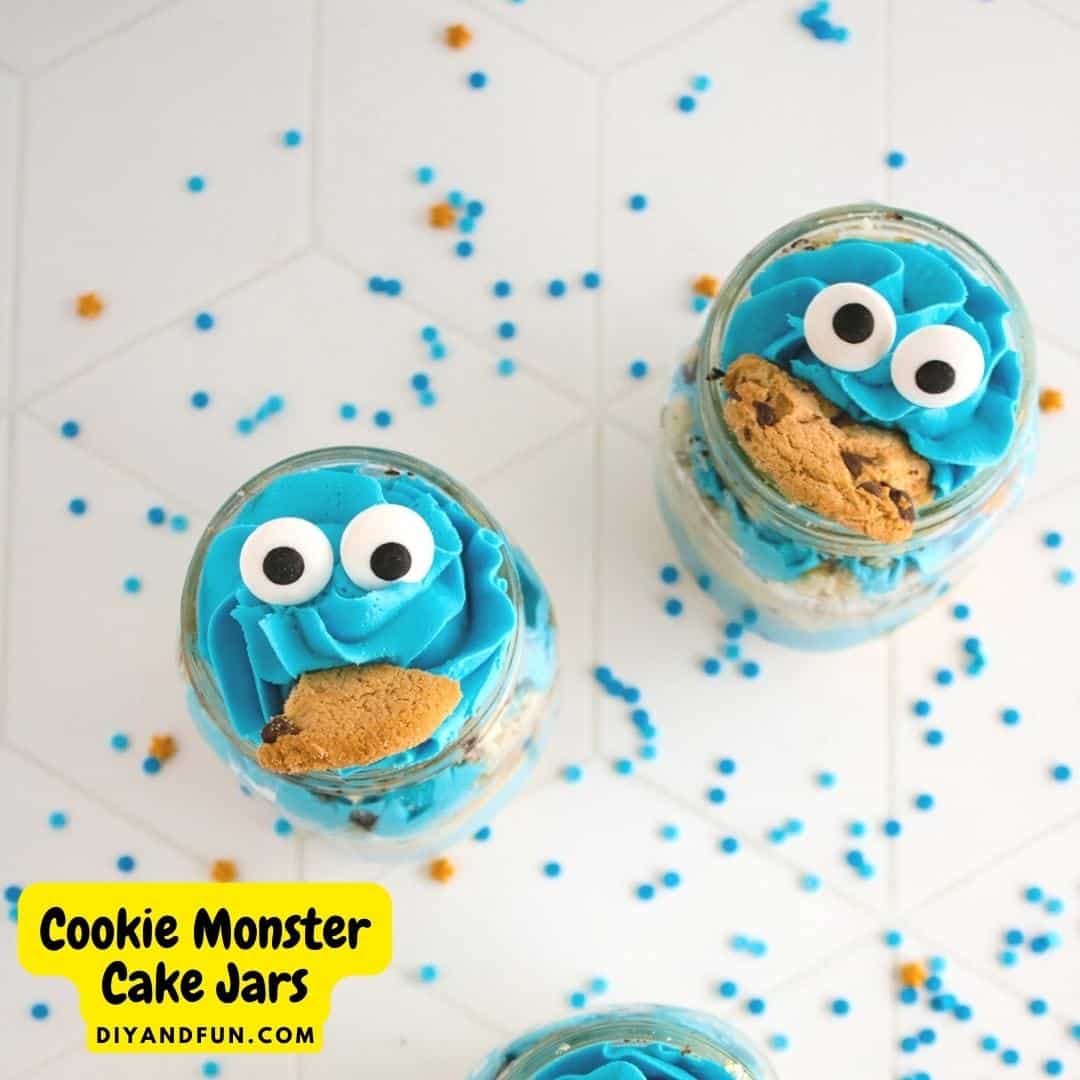 Cookie Monster Cake in a Jar, an adorable and tasty dessert recipe idea inspired by a favorite blue character for kids.