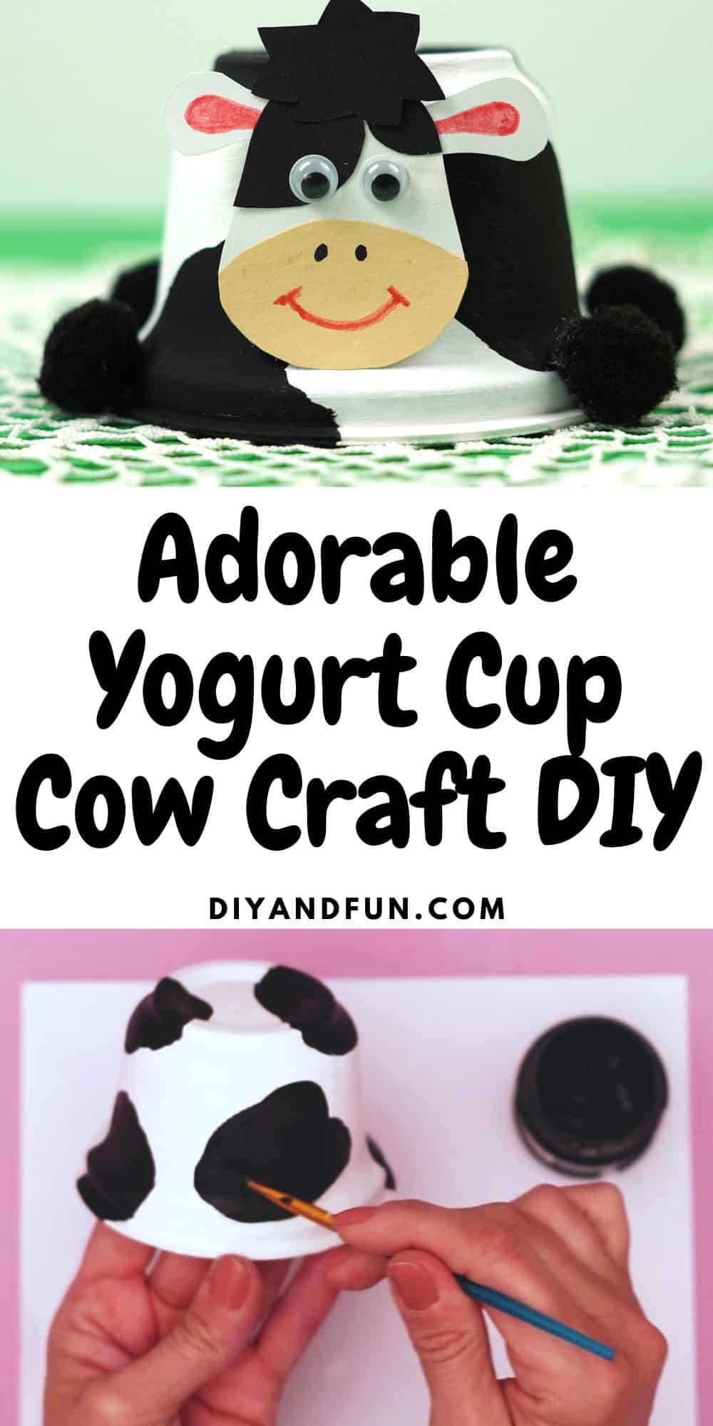 Adorable Yogurt Cup Cow Craft DIY, a simple project idea for turning a yogurt or similar cup into a cute cow.