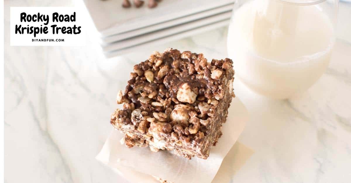 Easy Rocky Road Krispie Treats, a simple no bake recipe for a tasty dessert treat featuring   Cereal, chocolate, and marshmallows.