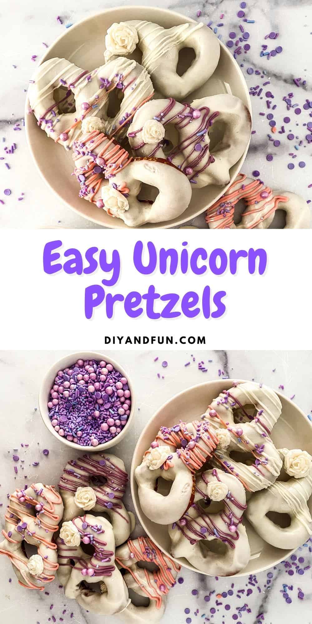 Easy Unicorn Pretzels, yummy white chocolate coated pretzel snacks  with colorful and fun unicorn inspired accents.