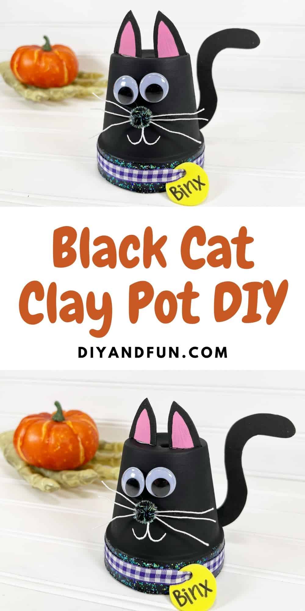 Black Cat Clay Pot Craft DIY, inspired by Hocus Pocus, this Halloween season craft is easy to make with mostly dollar store materials.