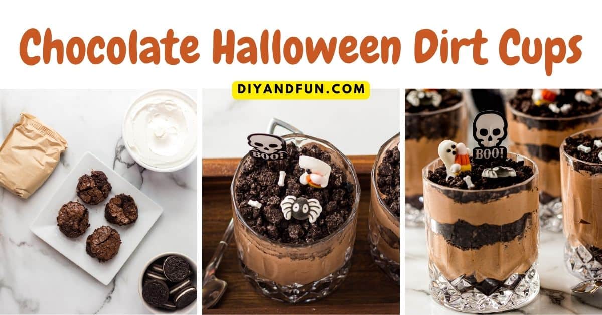 Chocolate Halloween Dirt Cups Dessert, a simple and delicious dessert recipe made with brownies and pudding for fall.