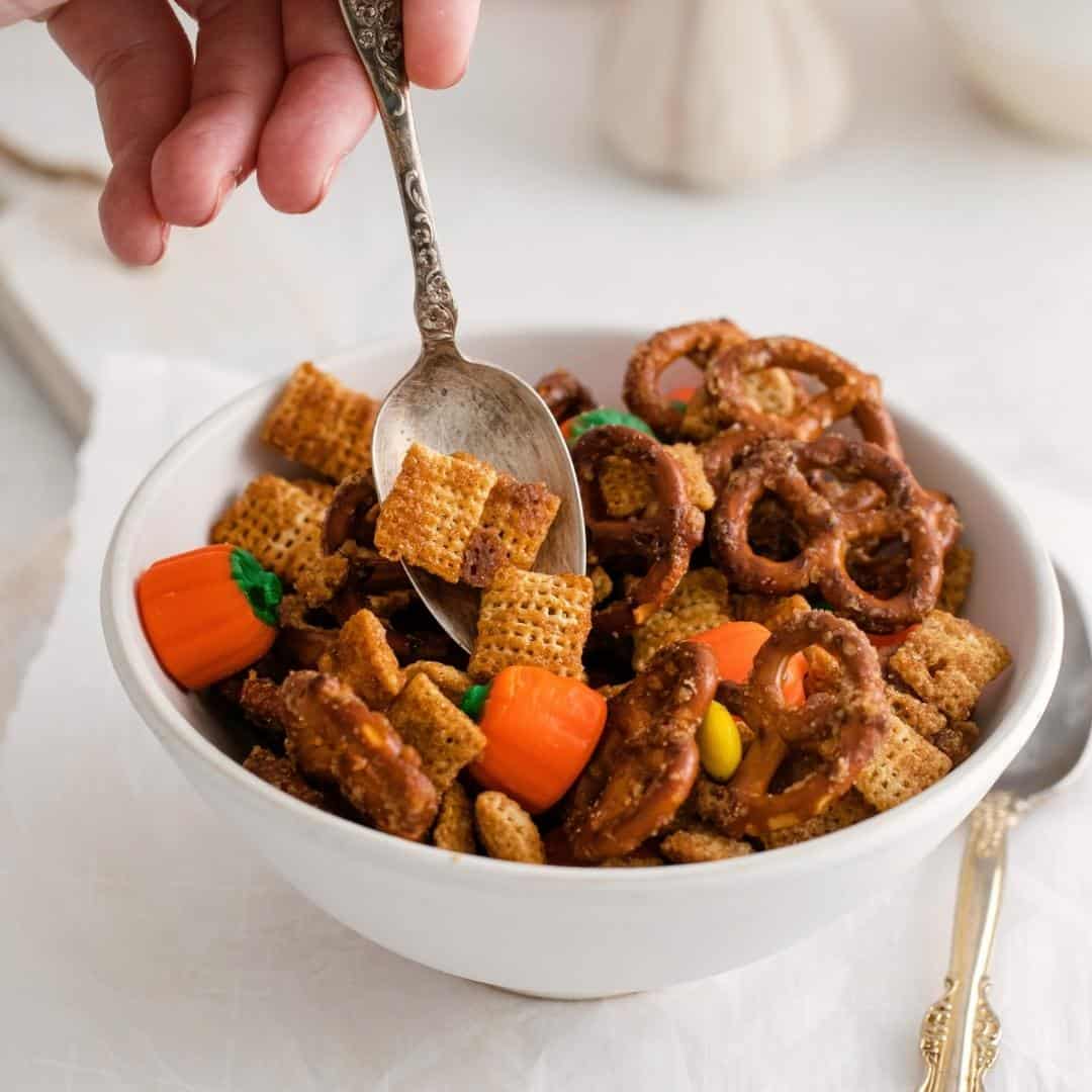 Easy Harvest Chex Snack Mix, a simple and tasty recipe idea inspired by the fall season. Includes sweet and salty ingredients.