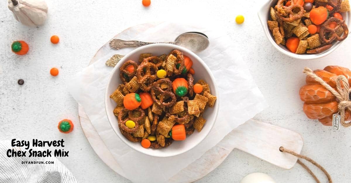 Easy Harvest Chex Snack Mix, a simple and tasty recipe idea inspired by the fall season. Includes sweet and salty ingredients.