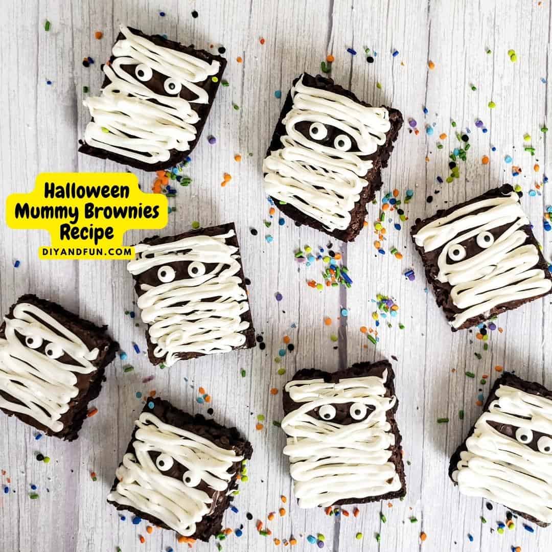 Halloween Mummy Brownies Recipe, a simple halloween inspired dessert idea for decorating brownies to look like mummies.