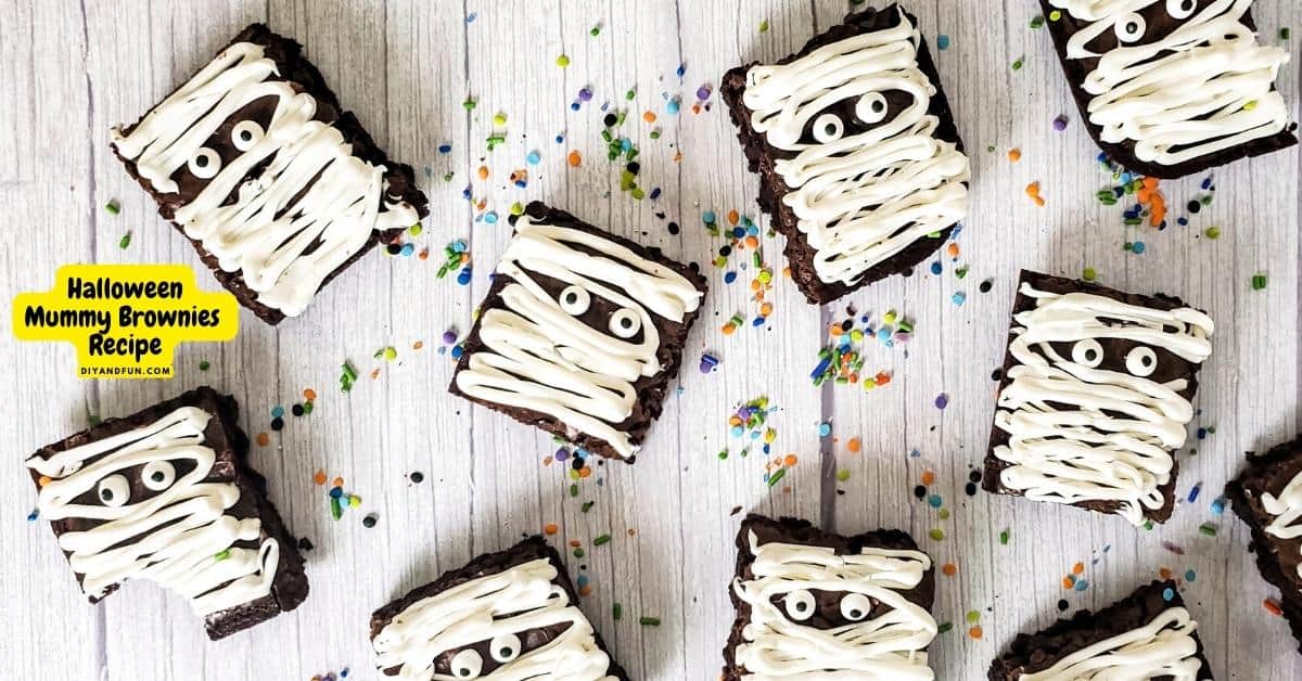 Halloween Mummy Brownies Recipe, a simple halloween inspired dessert idea for decorating brownies to look like mummies.