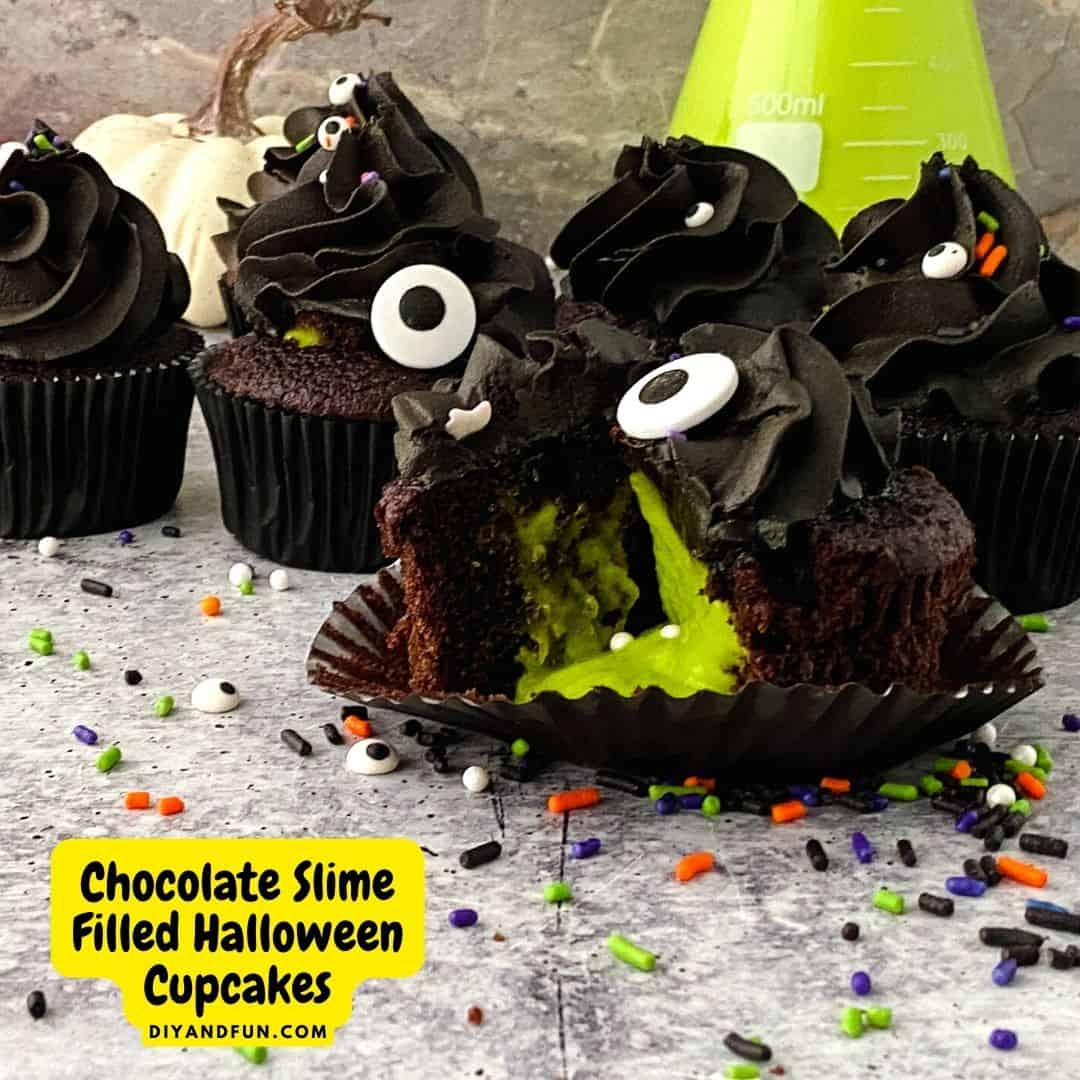 Chocolate Slime Filled Halloween Cupcakes, a simple Halloween inspired recipe diy for filling tasty dessert cakes with edible slime.
