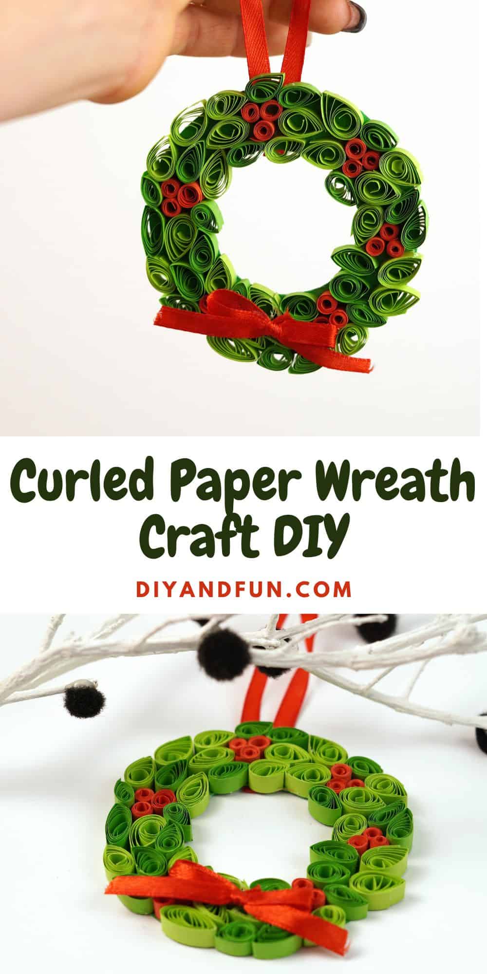 Curled Paper Wreath Craft DIY, a simple homemade holiday or Christmas wreath that can be used as an ornament. Most ages. Dollar Store.