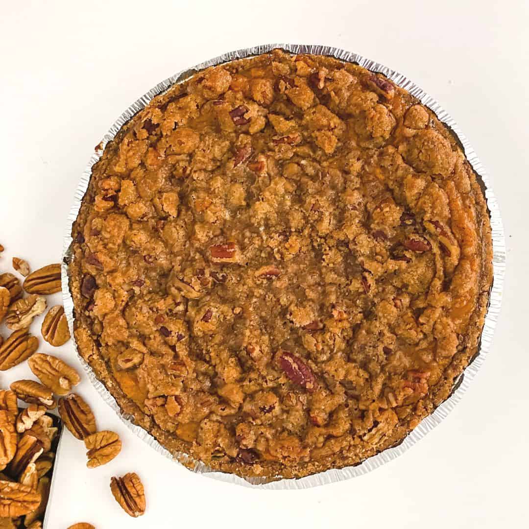Maple Pecan Sweet Potato Pie, a simple dessert recipe made with sweet potatoes and topped with a crunchy pecan crisp.