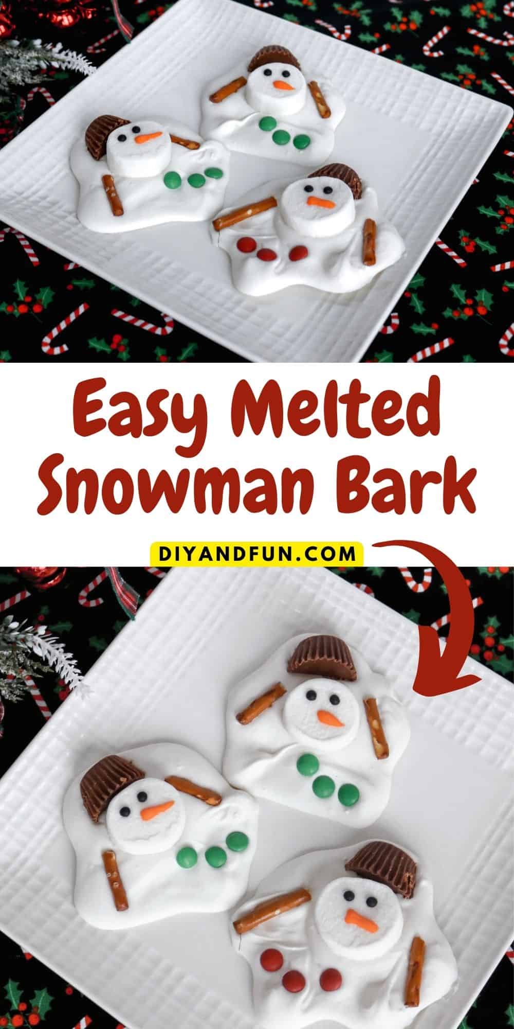 Easy Melted Snowman Bark, a simple Christmas holiday dessert or snack recipe for making chocolate bark that looks like a snowman.