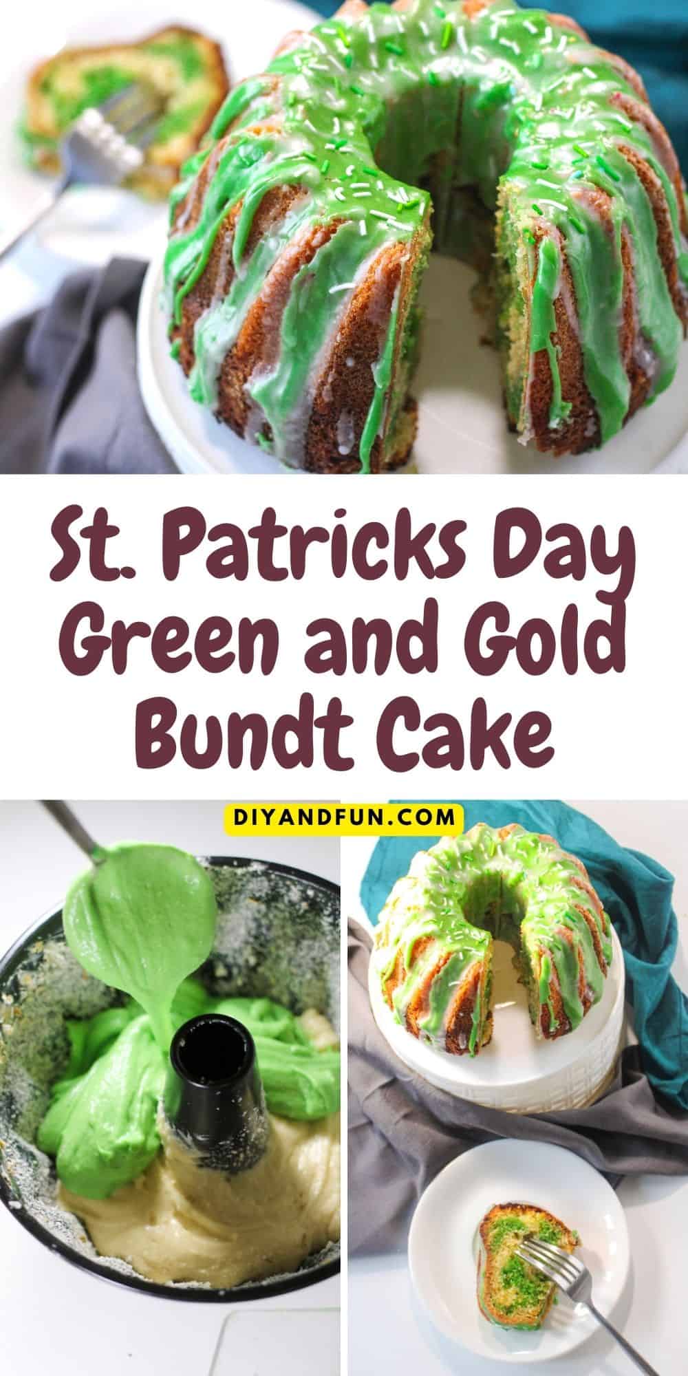 St. Patricks Day Green and Gold Bundt Cake,  a simple and tasty recipe using cake mix for a green and gold cake with green and white icing.