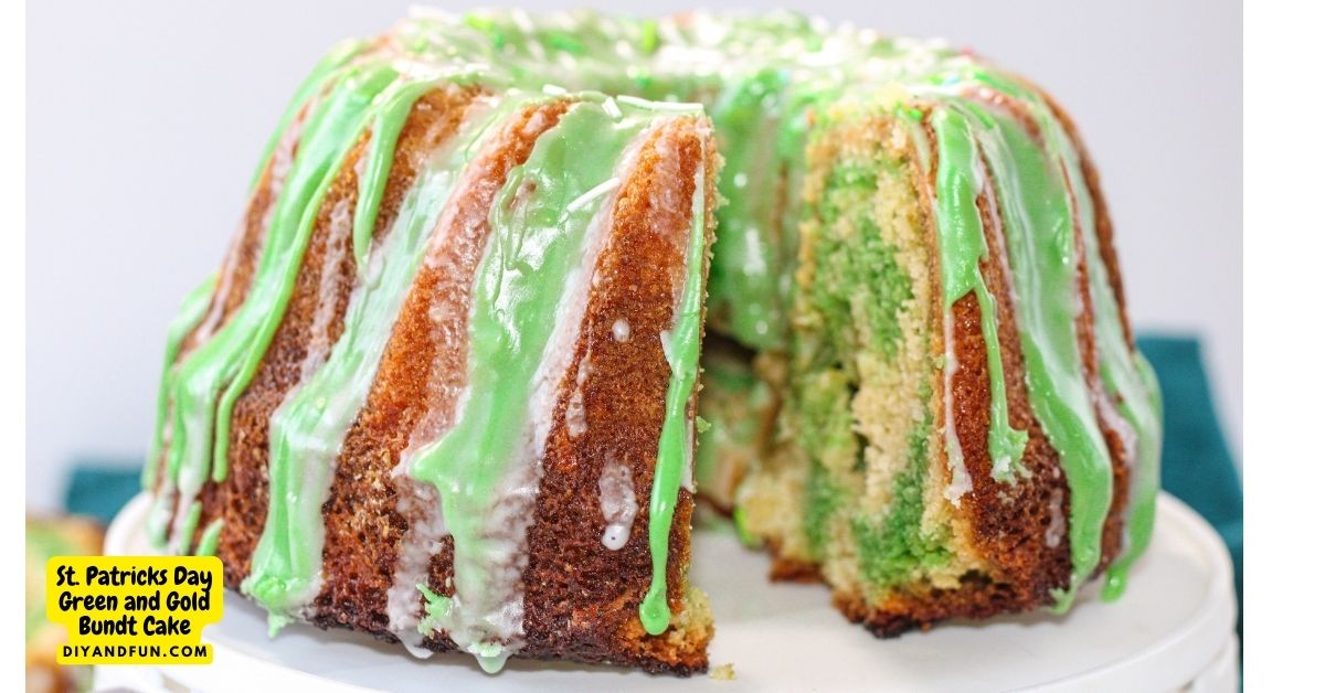 St. Patricks Day Green and Gold Bundt Cake,  a simple and tasty recipe using cake mix for a green and gold cake with green and white icing.
