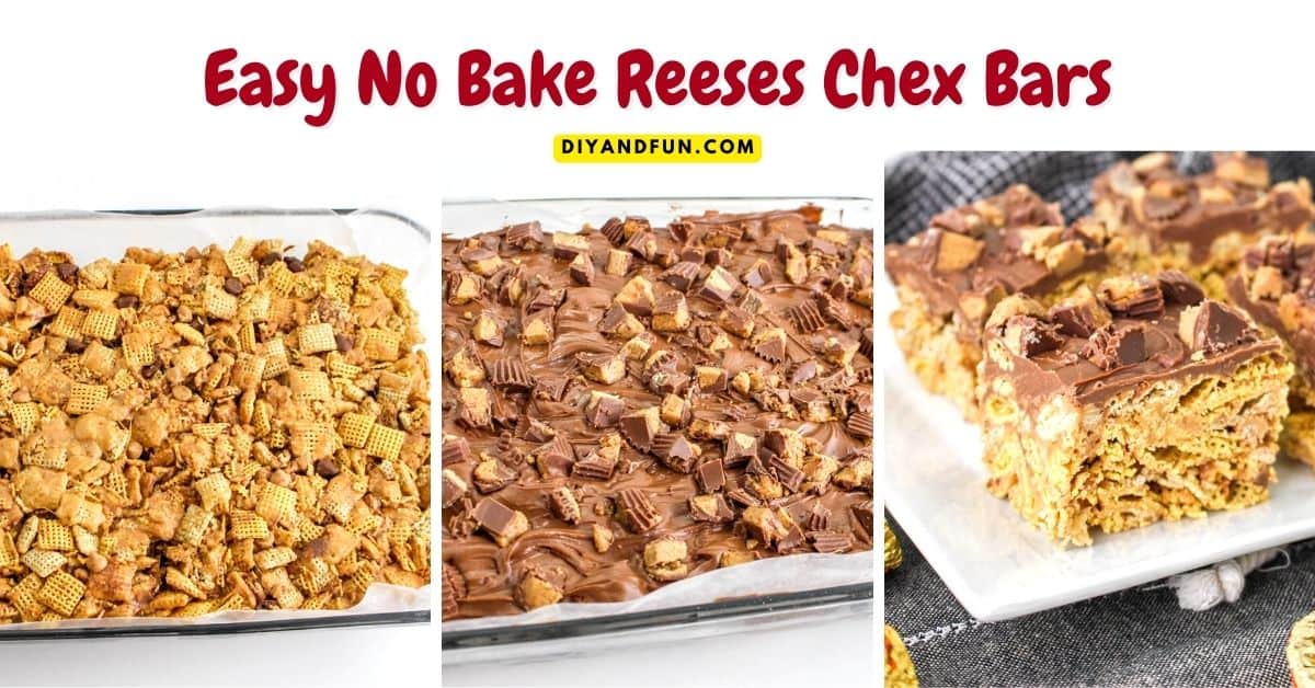 Easy No Bake Reeses Chex Bars, a simple and delicious no bake dessert or treat recipe made with cereal and chocolate candy.