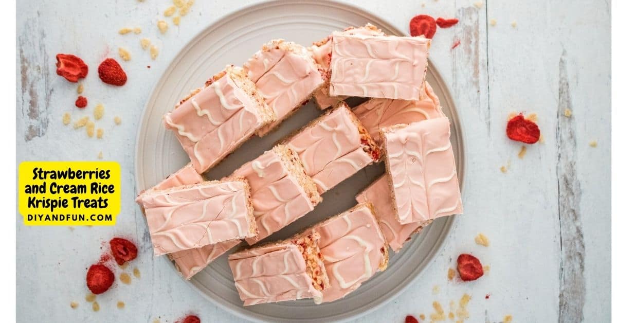 Strawberries and Cream Rice Krispie Treats,  delicious dessert or snack recipe made with strawberries and topped with candy melts.  