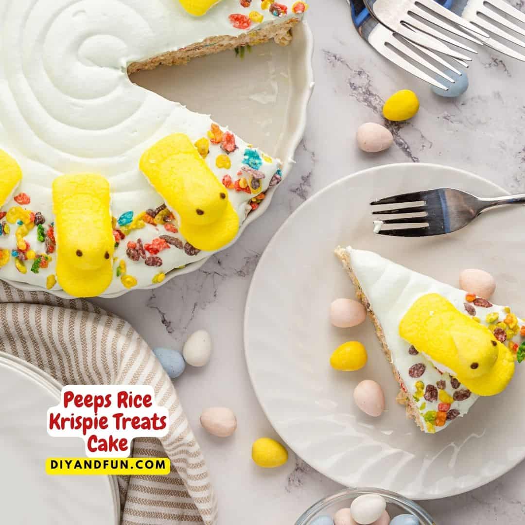 Peeps Rice Krispie Treats Cake, a delicious frosted cake recipe made with rice cereal and marshmallows, topped with an Easter Peep Candy.
