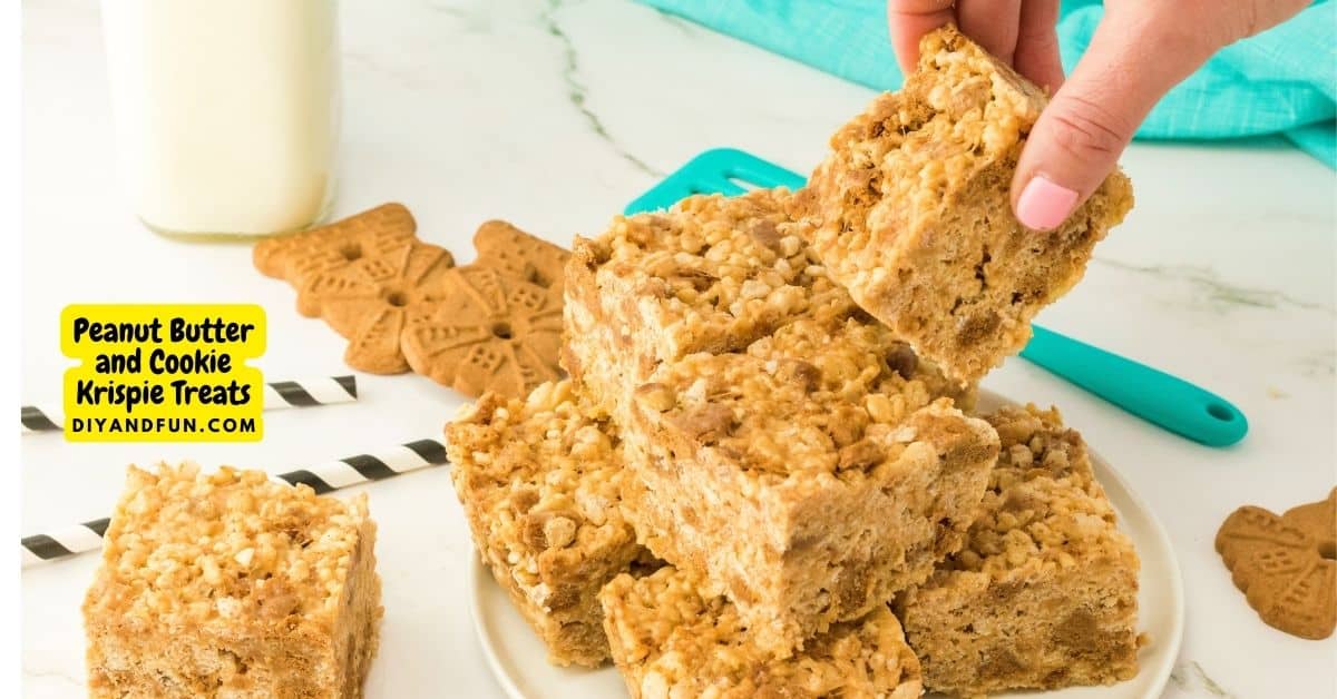 Peanut Butter and Cookie Krispie Treats, a simple and delicious no bake dessert recipe featuring rice cereal, marshmallows,  and cookies.