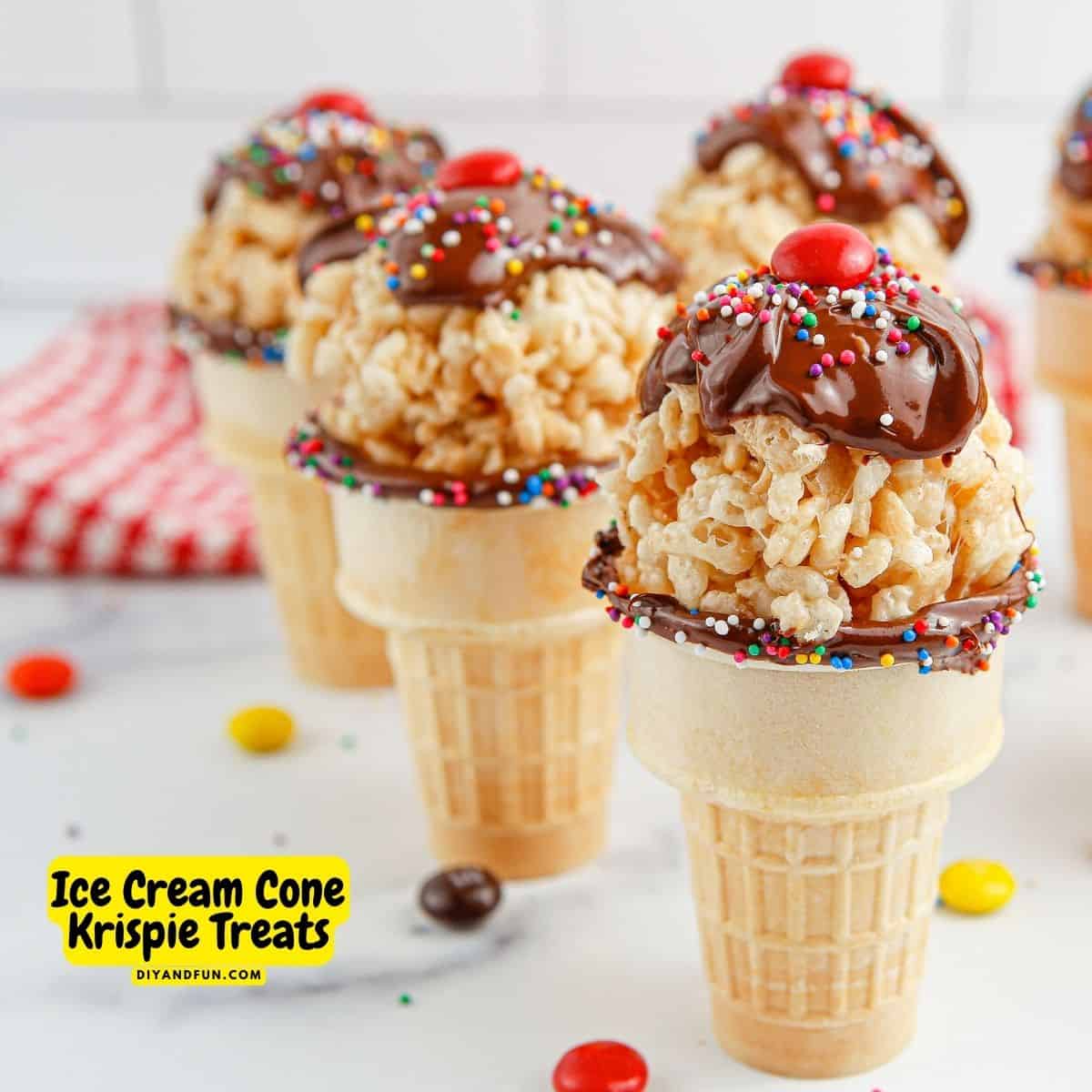 Ice Cream Cone Krispie Treats, an adorable and tasty dessert or snack treat featuring and ice cream cone filled with a tasty treat