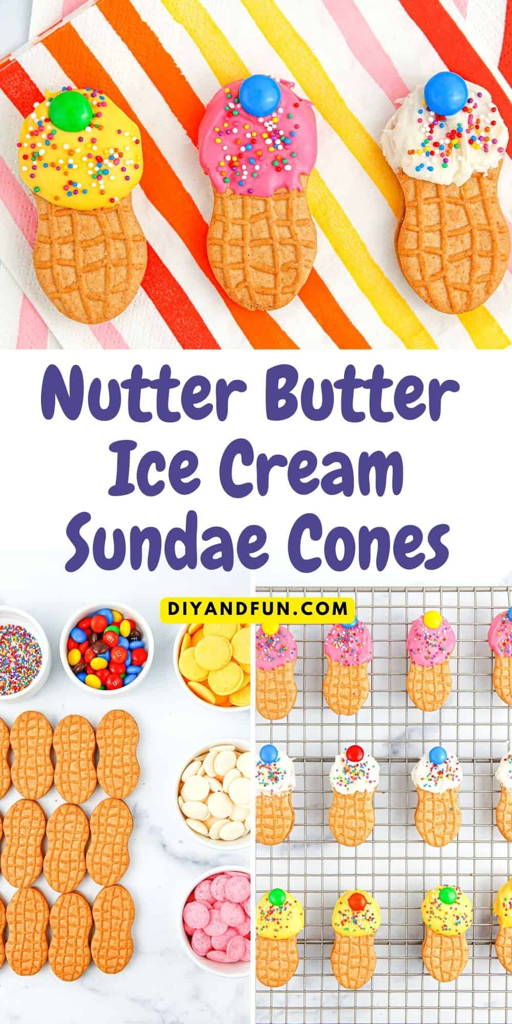 Nutter Butter Ice Cream Sundae Cones, a simple recipe DIY idea for decorating a peanut shaped cookie to look like an ice cream sundae.