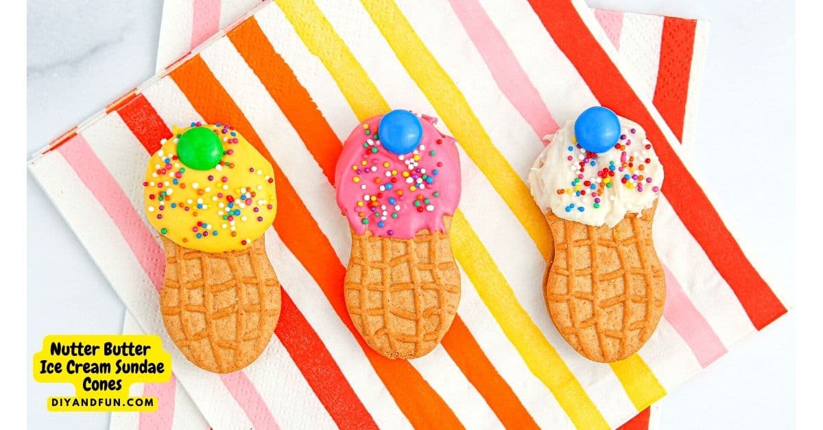 Nutter Butter Ice Cream Sundae Cones, a simple recipe DIY idea for decorating a peanut shaped cookie to look like an ice cream sundae.
